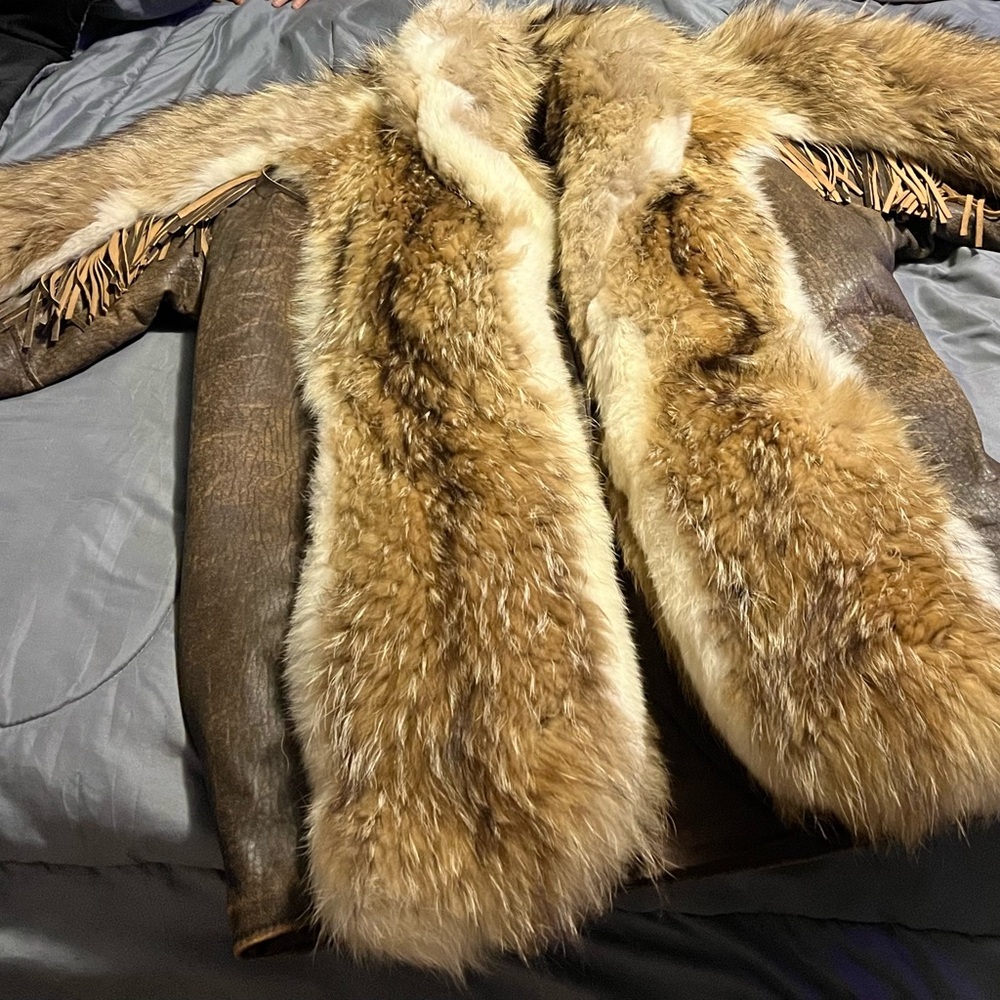 Distressed Leather Fringed Fur Coat